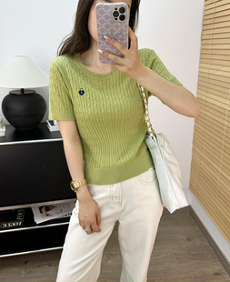 欧货2024新款复古麻花刺绣细羊毛针织衫女休闲圆领短袖t恤上衣薄