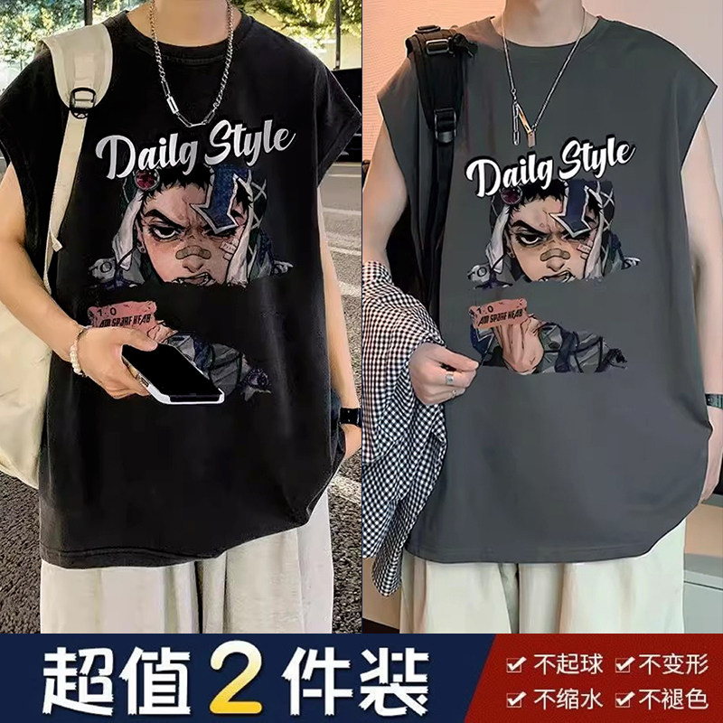 夏季港风大码背心男学生潮流重磅t恤圆领无袖坎肩运动印花打底衫