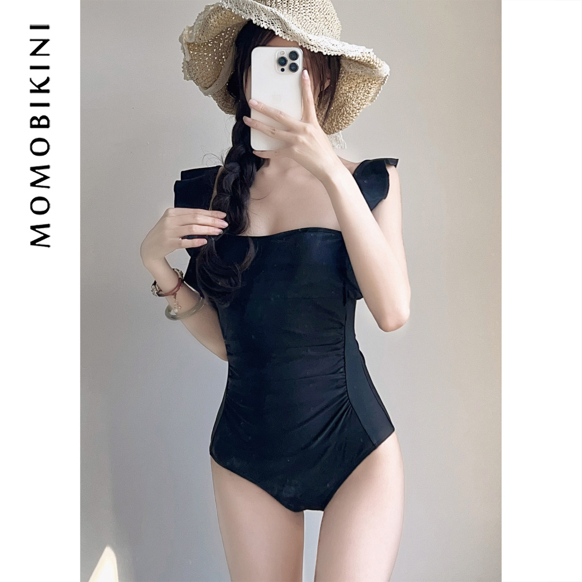 新款性感荷叶边黑色连体泳衣女保守学生少女遮肚显瘦泡温泉泳装