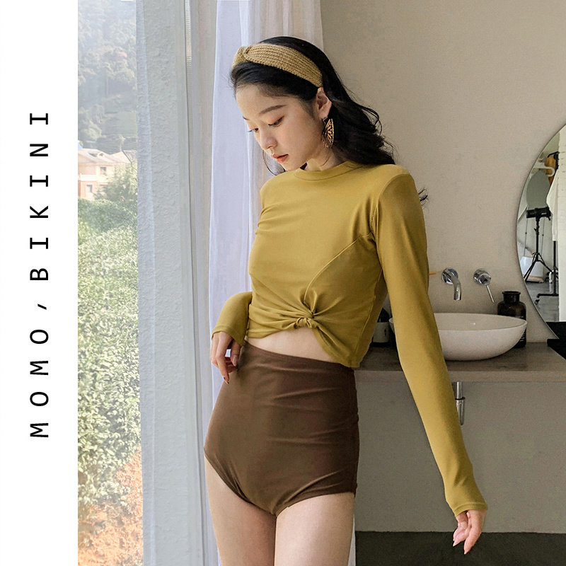 高级感长袖分体高腰小胸三件套游泳衣女保守学生遮肚显瘦温泉泳装