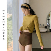沫初见新款 高腰小胸比基尼泳衣女保守学生遮肚显瘦泡温泉 性感长袖