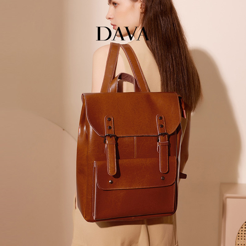 法国DAVA油蜡牛皮双肩背包女大容量旅行通勤复古学院风英伦电脑包