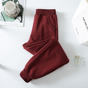 酒红色运动裤女秋冬加绒2025新款加棉里高腰宽松束脚大码休闲卫裤