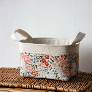 文手作棉麻刺绣桌面收纳筐皆川明风格 加厚硬挺不软榻杂物收纳袋篮