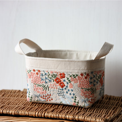 文手作棉麻刺绣桌面收纳筐皆川明风格加厚硬挺不软榻杂物收纳袋篮