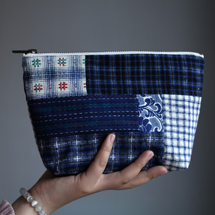 文手作 精致老土布拼接拉链包化妆包手拿包手机包23cm文艺范布包
