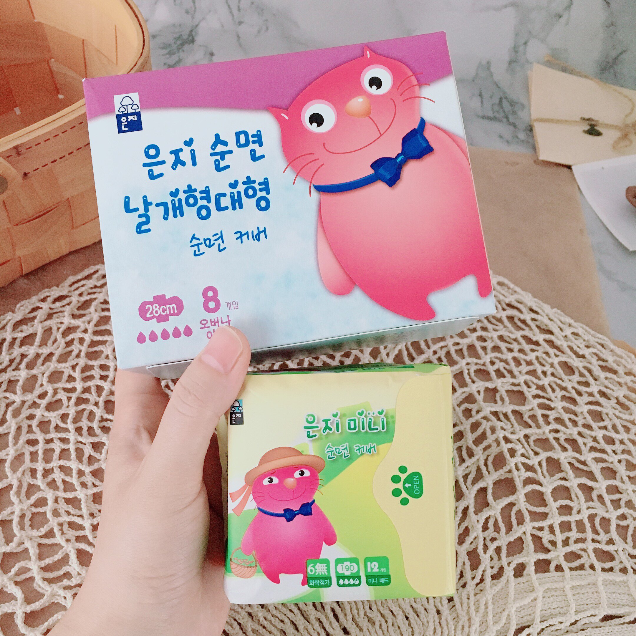 吼安心~韩国猫小菲纯棉夜用卫生巾8片280mm纤薄迷你巾护垫12片