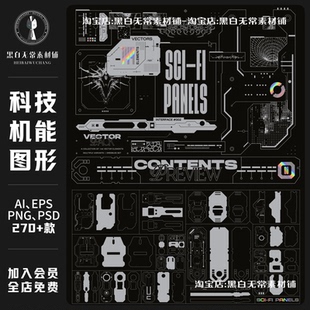 未来科幻科技赛博朋克机能HUD面板几何图形元素AI矢量PNG美工素材