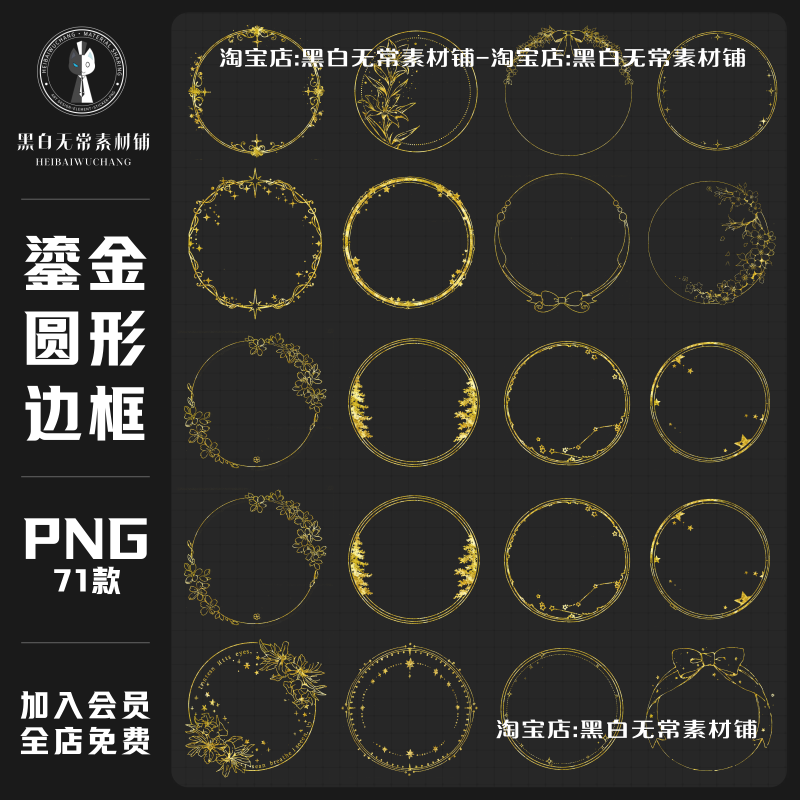 金色鎏金圆形边框头像框吧唧装饰元素PNG免扣图水印设计美工素材