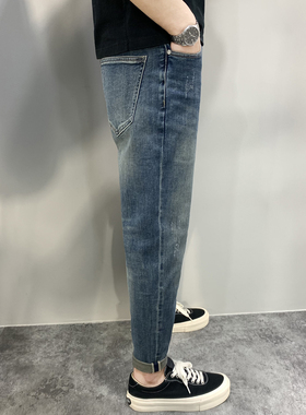 胡先生2026新品春夏季男做旧高端牛仔裤蓝色微锥型修身显瘦小脚裤