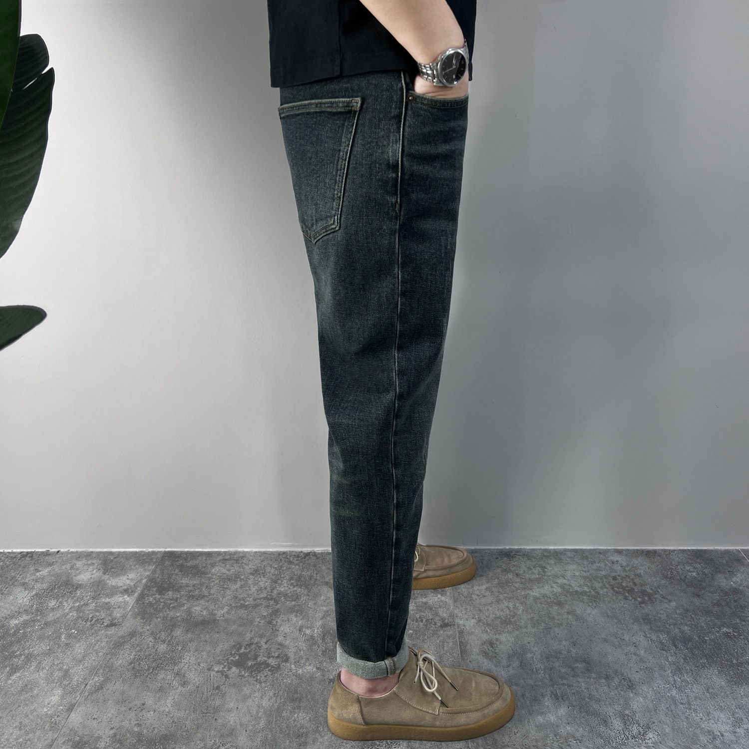 2025男冬季加厚牛仔裤做旧复古蓝色立体剪裁显瘦微锥形弹力小脚裤,男装,牛仔裤,淘宝优惠券,粉丝福利购,淘宝优惠卷