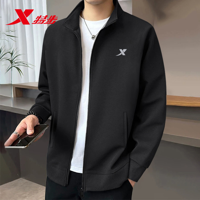 特步外套男款卫衣春秋款青少年加绒针织开衫立领运动服休闲上衣男