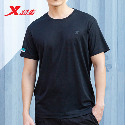 特步短袖t恤男装夏季黑色冰丝速干衣纯色男士透气半袖运动体恤短T