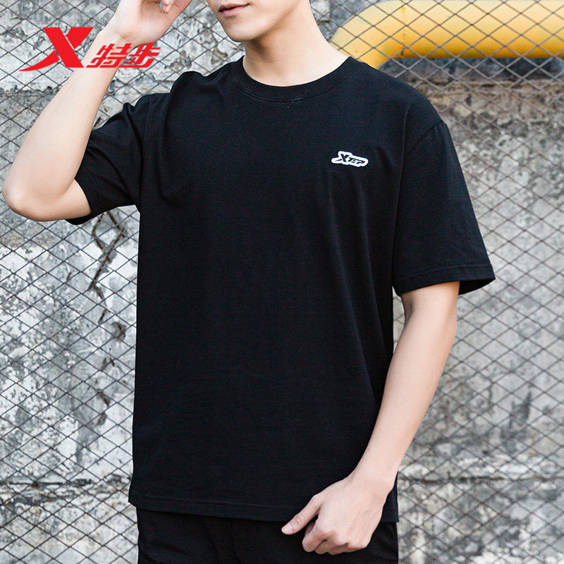 特步短袖t恤男款夏季新款上衣宽松圆领休闲运动体恤衫黑色半袖短T