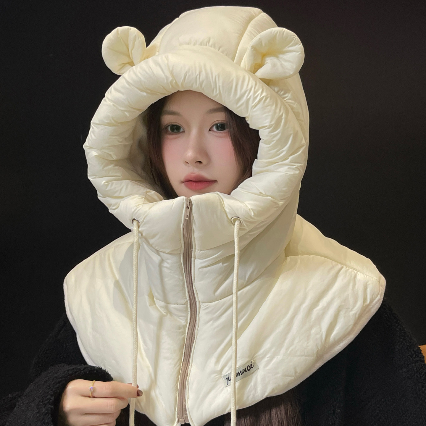 小熊帽子围脖披肩一体加绒加厚夹棉保暖头套拉链大护肩护耳包头帽