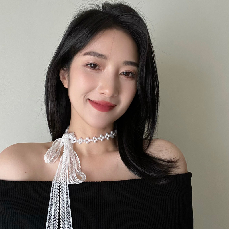 法式复古纯色丝带珍珠丝巾女锁骨链项链韩版发带小领巾春夏季飘带