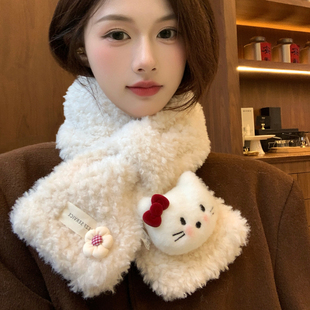 可爱卡通小猫毛绒围脖女冬季新款甜美百搭加厚保暖护颈短款小围巾