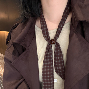 饰配衬衫 韩系格纹串珠薄款 小丝巾细窄长条护颈领巾配饰围巾脖子装