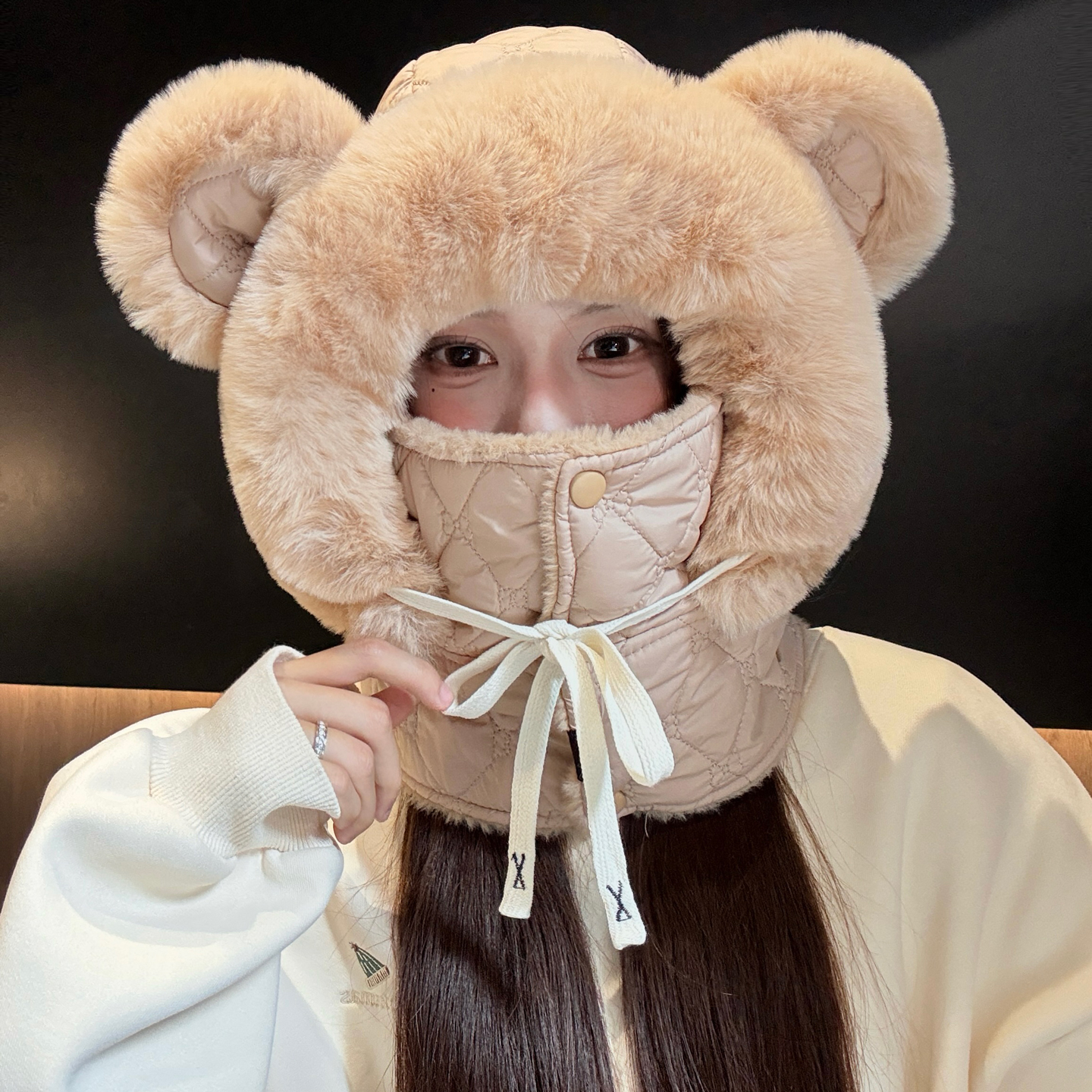 可爱熊耳朵雷锋帽女冬季加绒加厚