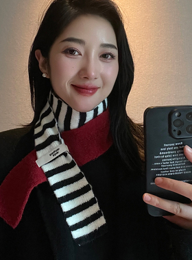 韩版红色撞色黑白条纹氛围感毛线针织细围巾日系百搭复古保暖围脖