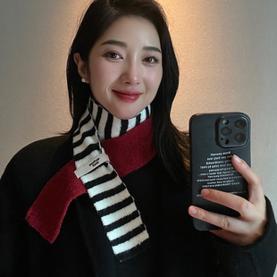 韩版红色撞色黑白条纹氛围感毛线针织细围巾日系百搭复古保暖围脖