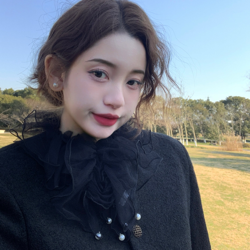 雪纱荷叶边珍珠皱褶花边护颈丝巾