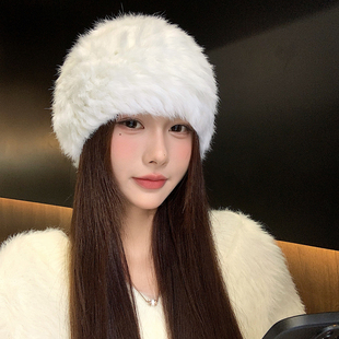 帽子女冬季款加厚保暖防寒毛茸茸毛线帽显脸小皮草护耳毛绒渔夫帽