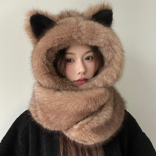 毛绒狐狸耳朵帽子围巾一体女秋冬