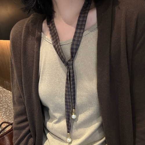 波点珍珠吊坠长条丝巾女春秋薄款
