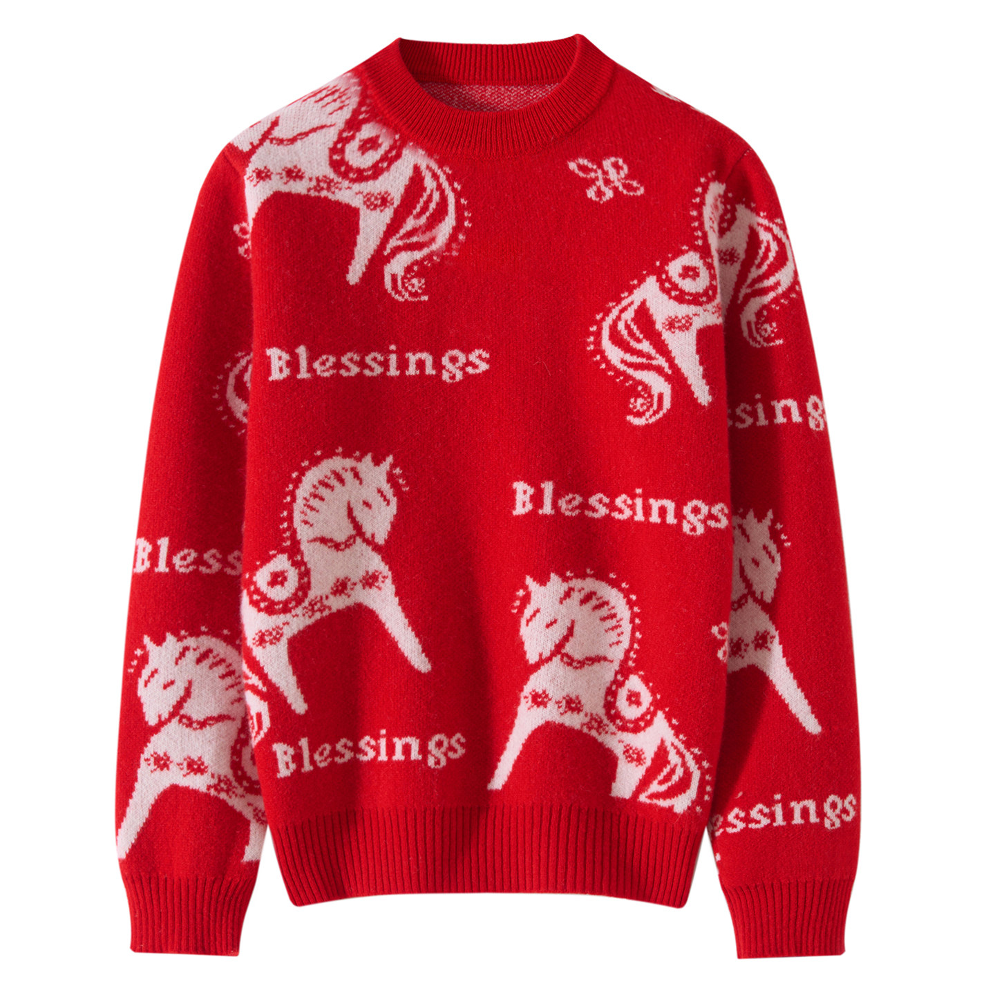 新年卡通小马羊毛衫男女童本命年毛衣圆领针织衫童趣风秋冬新款