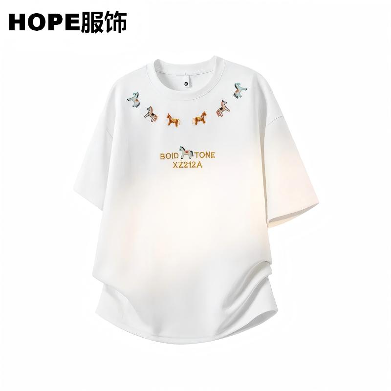 新款圆领炫彩小马图案印花T恤短袖男士休闲宽松型落肩袖薄款常规