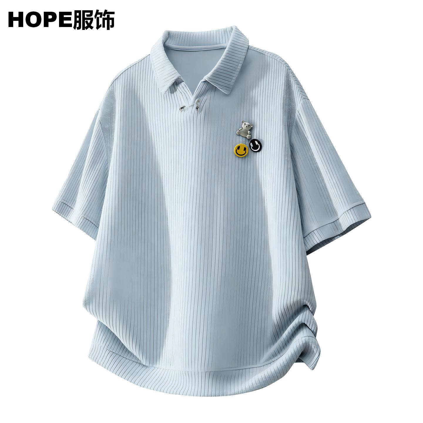 日系polo衫男短袖夏季华夫格贴标简约宽松男生套头翻领半袖t恤衫