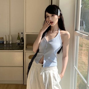 夏辣妹修身 設(shè)計(jì)感掛脖V領(lǐng)單排扣帶胸墊上衣百搭無(wú)袖 外穿露背吊帶