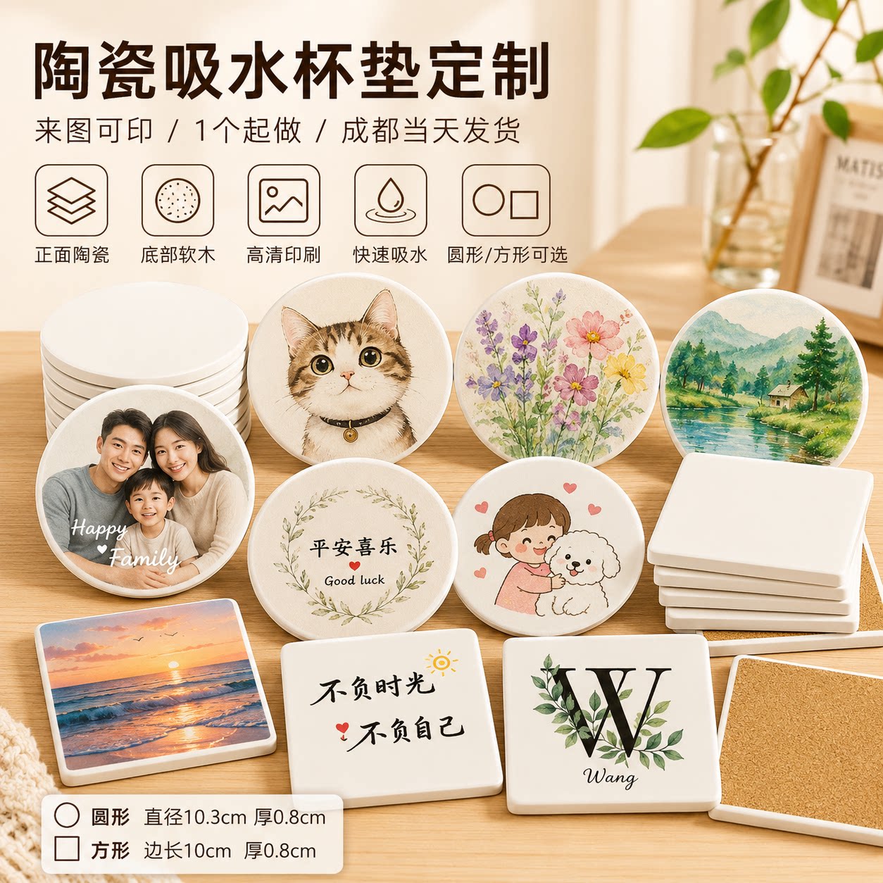 陶瓷吸水杯垫来图定制可印速干图片