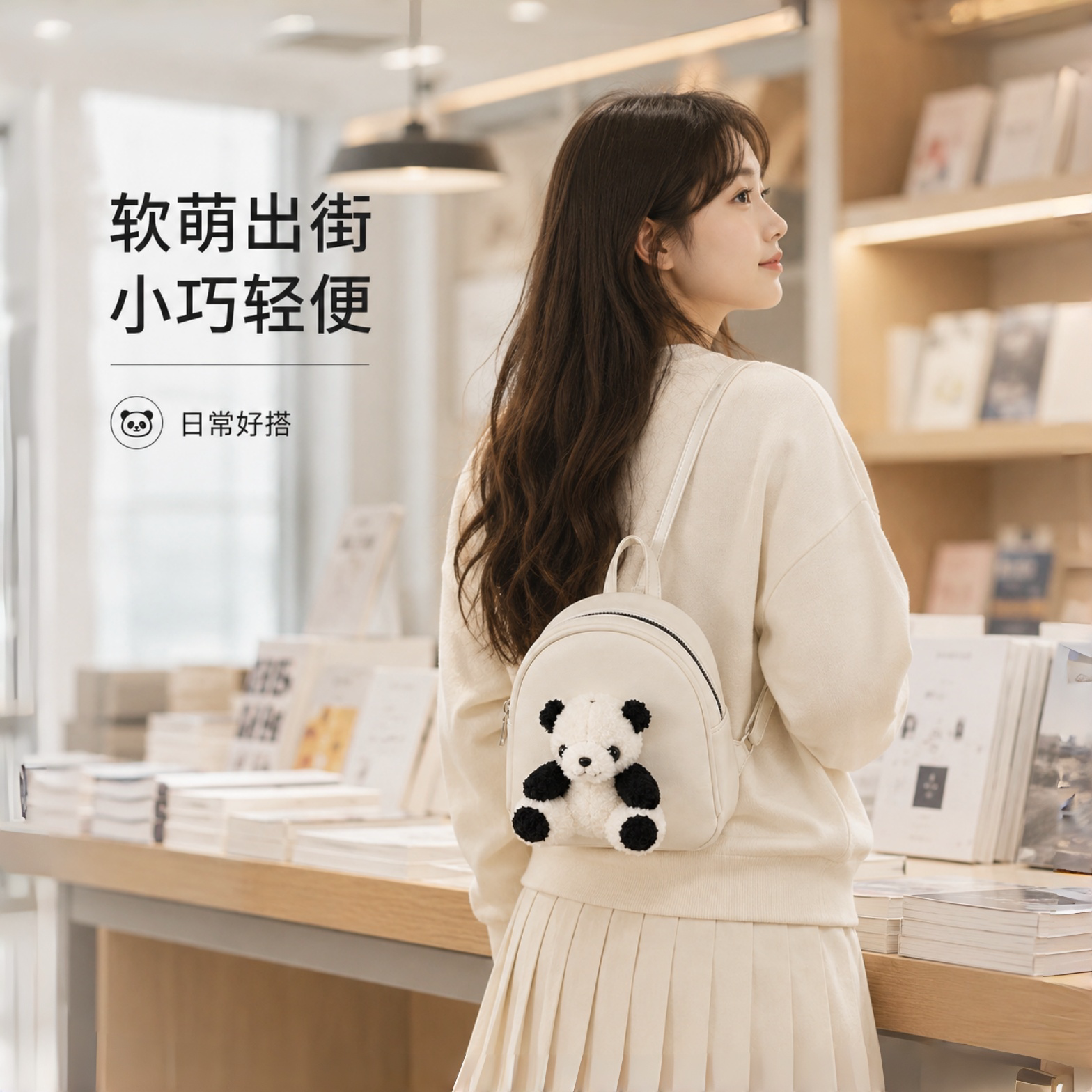 可爱熊猫PU轻便减负双肩包女图片