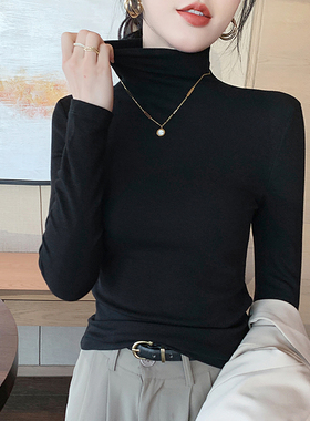 莫代尔高领打底衫女春秋内搭黑色堆领长袖修身高级感外穿气质上衣