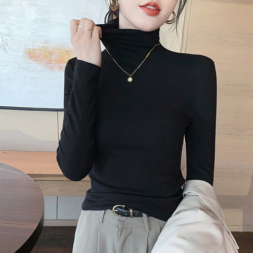 莫代尔高领打底衫女春秋内搭黑色堆领长袖修身高级感外穿气质上衣