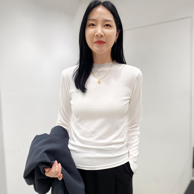 白色半高领打底衫女春秋内搭修身长袖正肩小立领上衣叠穿中领T恤