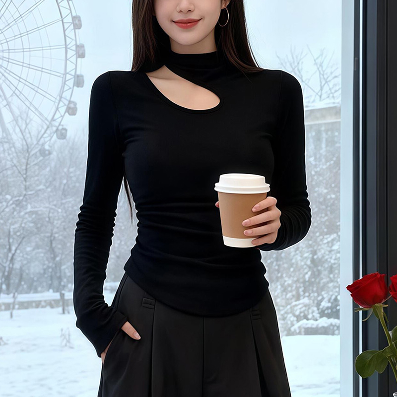 黑色镂空半高领挂脖打底衫女秋冬内搭针织漏锁骨可外穿高级感上衣