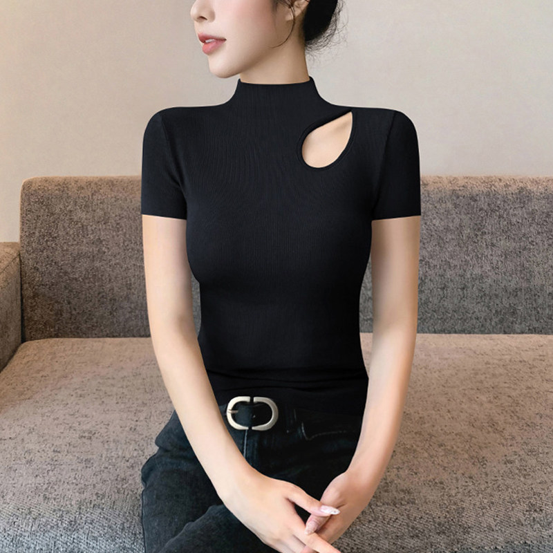 半高领短袖打底衫女春夏黑色内搭针织高级感镂空破洞时尚气质上衣