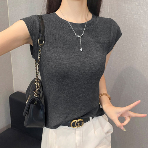 圆领飞飞袖设计感小众短袖t恤女夏季修身减龄洋气莫代尔无袖上衣