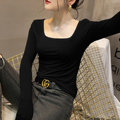 长袖 洋气高级感修身 上衣 女秋冬内搭外穿时尚 黑色方领莫代尔打底衫