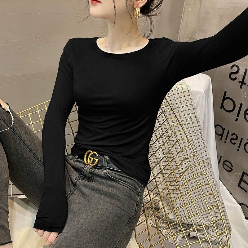莫代尔圆领长袖打底衫女内搭2026春秋新款黑色高级感洋气薄款上衣