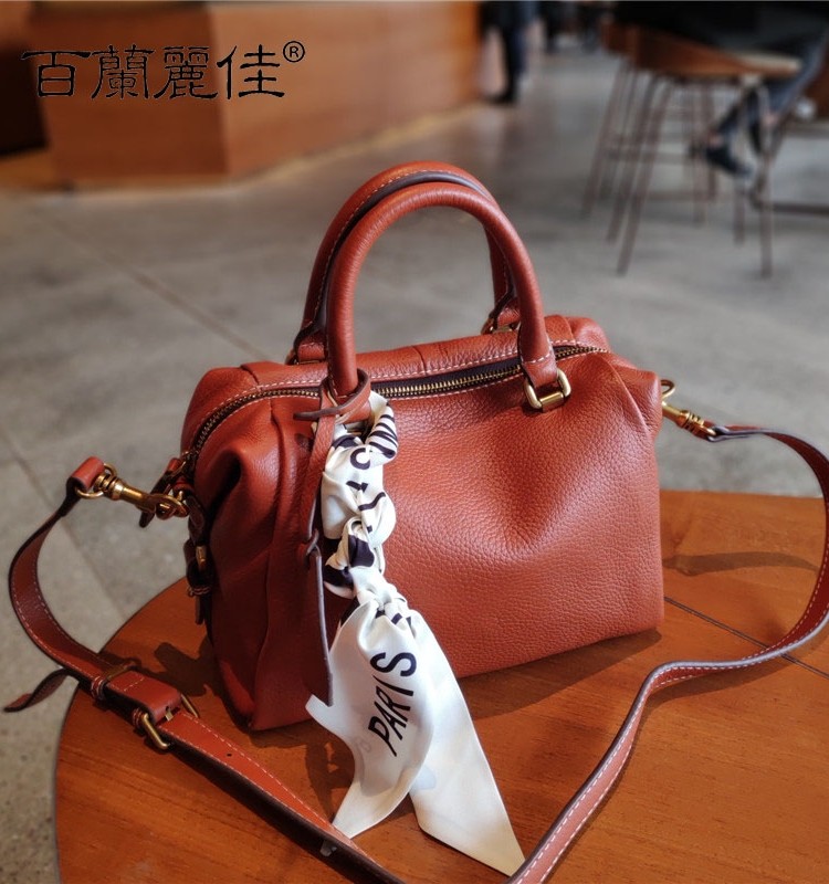 头层牛皮波士顿女包包2020新款简约百搭真皮手提单肩斜挎软皮女包
