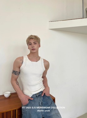 查理uncle白色针织背心男2024年春夏新款修身运动设计感无袖坎肩