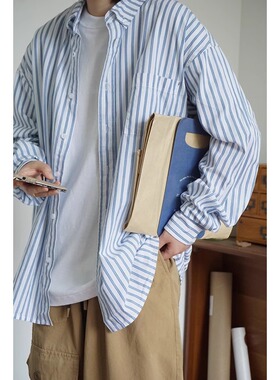 南方公园／日系cityboy宽松复古基础款 男女条纹纯棉休闲长袖衬衫