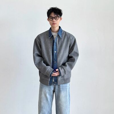 复古牛仔拼接Clean假2件翻领夹克