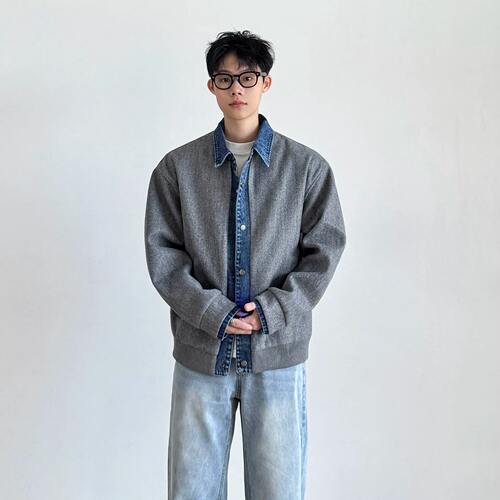 复古牛仔拼接Clean假2件翻领夹克