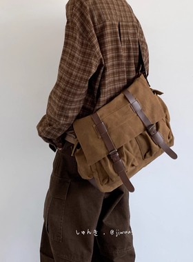 CARLISLE 四季款复古帆布邮差包男女学生单肩斜挎背包大容量背包