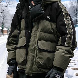 日系潮牌拼接撞色工装羽绒服男冬季新款定格锁温加厚90白鸭绒外套